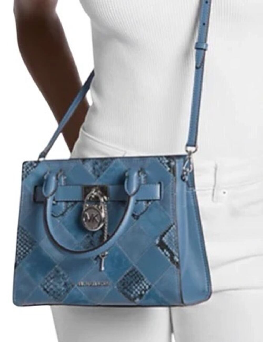 NWT Michael Kors Hamilton Small Patchwork Snake Embossed Satchel Cornflower Blue